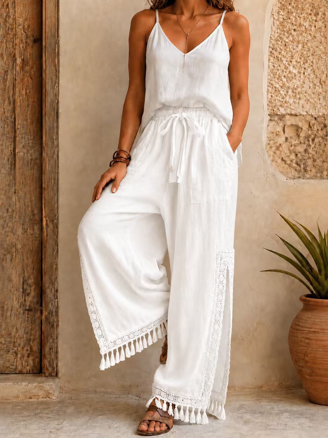 Women's Side Slit Lace Tassel Bohemian Vacation Style Pants