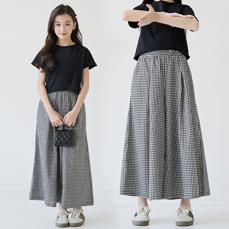 Trendy Tartan Skirt Blouse Pants Casual Short Top Two-piece Children's Suit