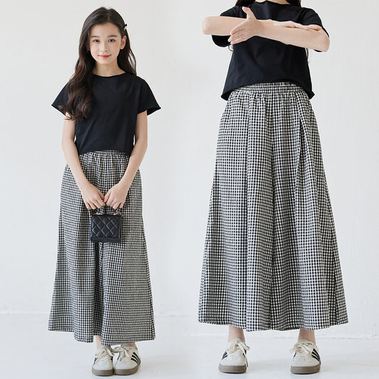Trendy Tartan Skirt Blouse Pants Casual Short Top Two-piece Children's Suit