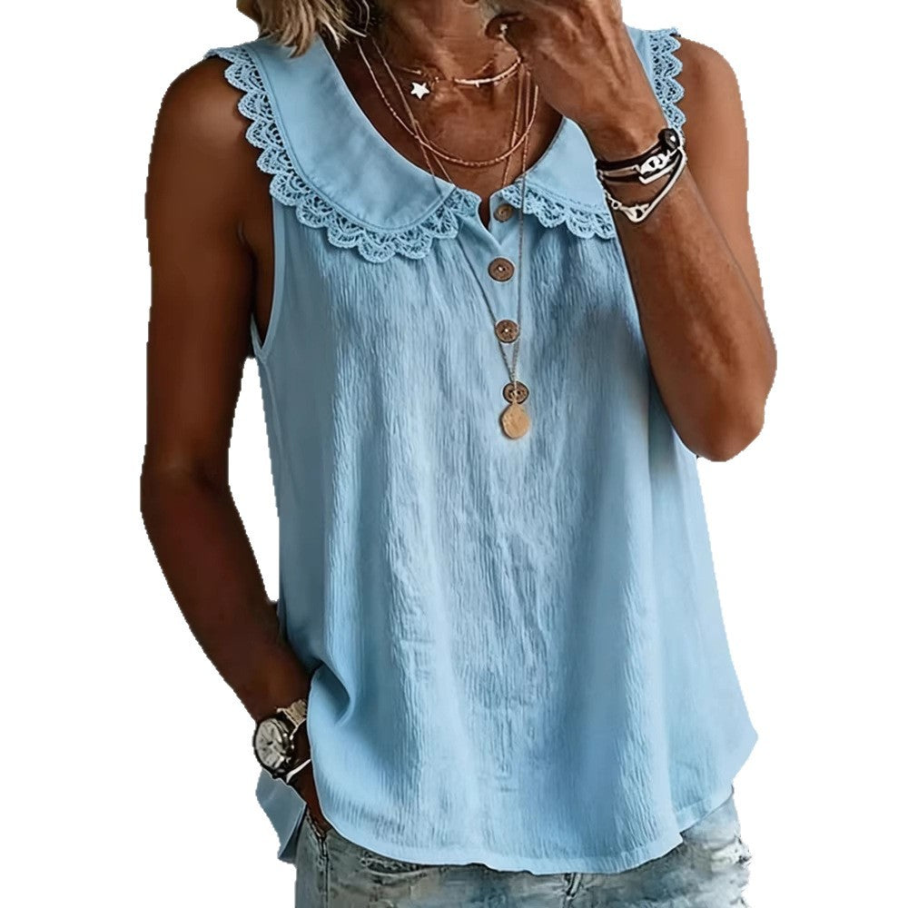 Women's Summer Loose Solid Color Fashion Design Lapel Lace Blouse
