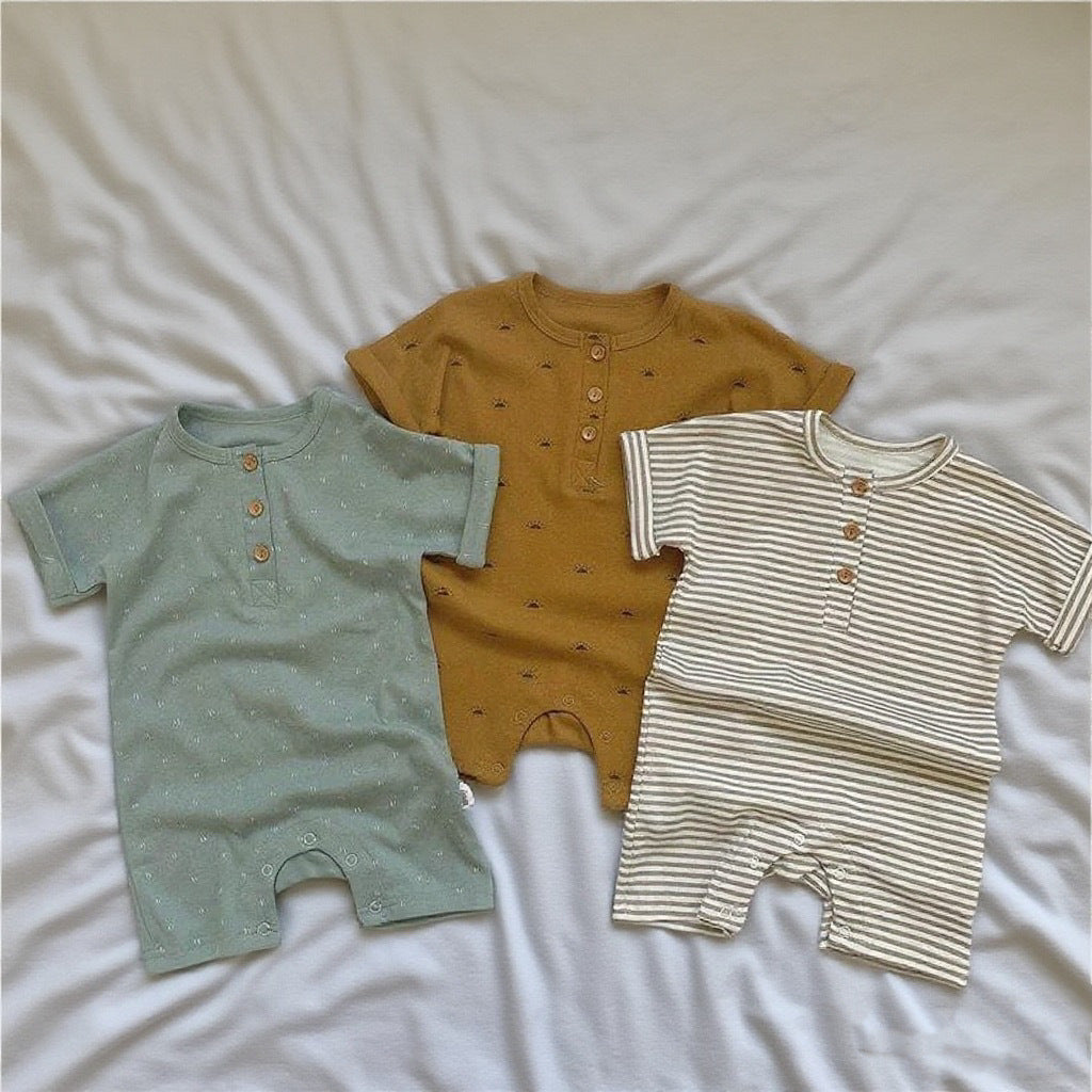 Summer Loose Short Sleeve Striped Cotton One-piece Romper Male Jumpsuit, Climbing Suit
