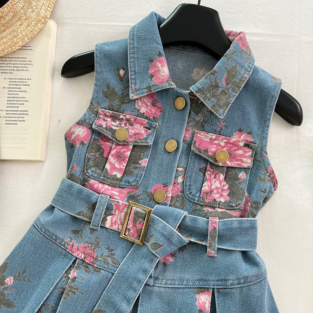 Summer Korean Style Printed Denim Sleeveless Children's Dress