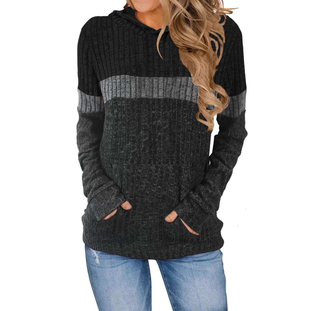 Women's Casual Contrast Color Pocket Stitching Hooded Large Size T-shirt