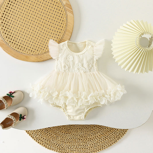 Children's Clothing One-piece Sweet Cute Lace Flounced Sleeve Triangle Jumpsuit, Climbing Suit