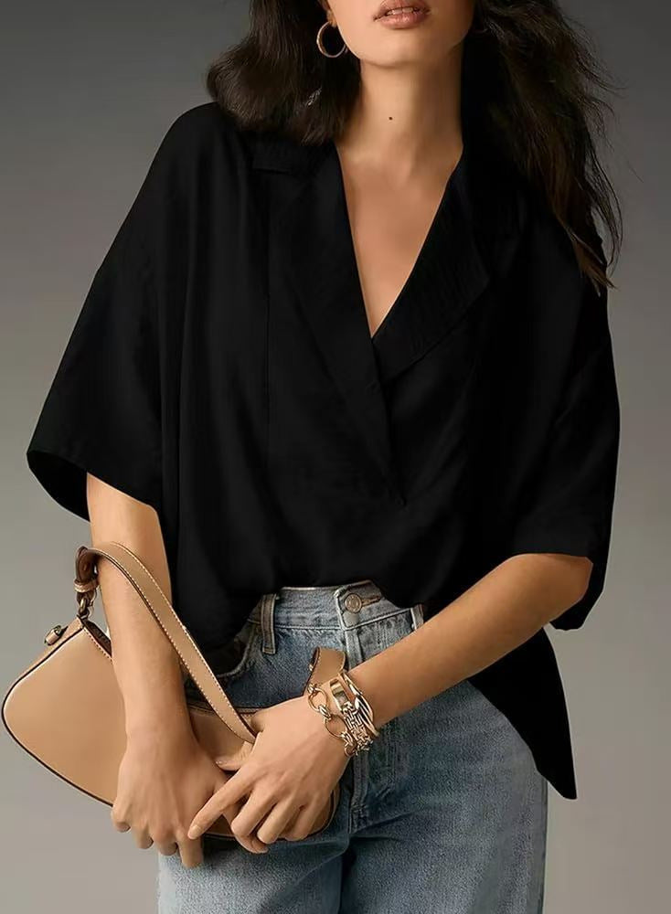 Women's Solid Color Polo Collar Shirt Sleeve Loose Blouse