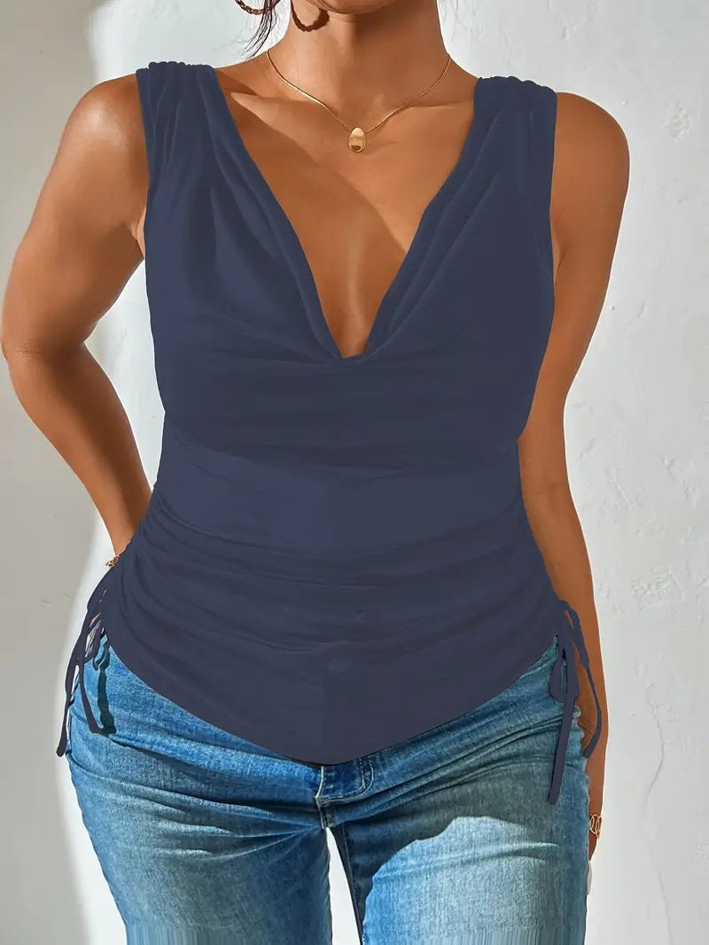 Fashionable Sexy Pile Collar Deep V Solid Color Drawstring Small Vest/suspenders/tube Top