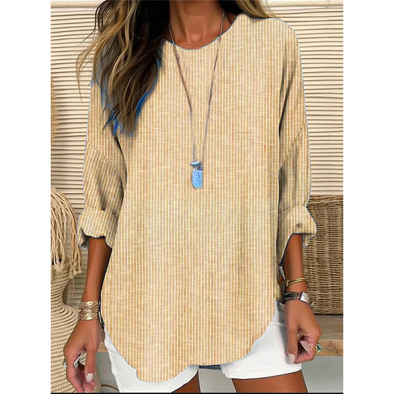Women's Stripe Design Loose Long Sleeve Round Blouse