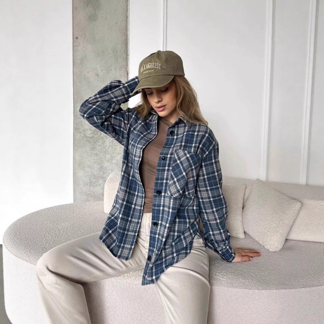 Women's Shirt Fashionable Plaid Mid-length Casual Temperament Tops