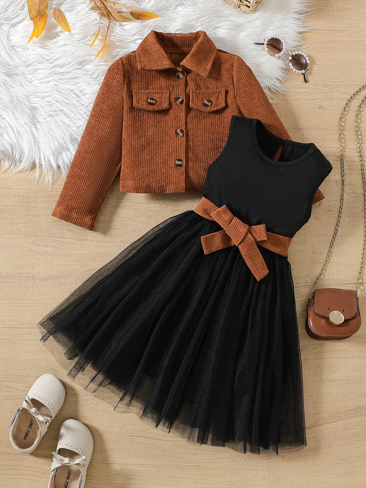 Set Faux Pocket Lapel Corduroy Long Sleeve Coat Vest Children's Suit