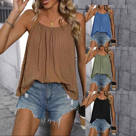 Women's Casual Solid Color Loose Pleated Sleeveless Camisole Small Vest/suspenders/tube Top
