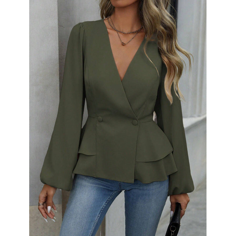 Women's American Style Gentle Autumn East Design Solid Color Fashion Stitching Blouse