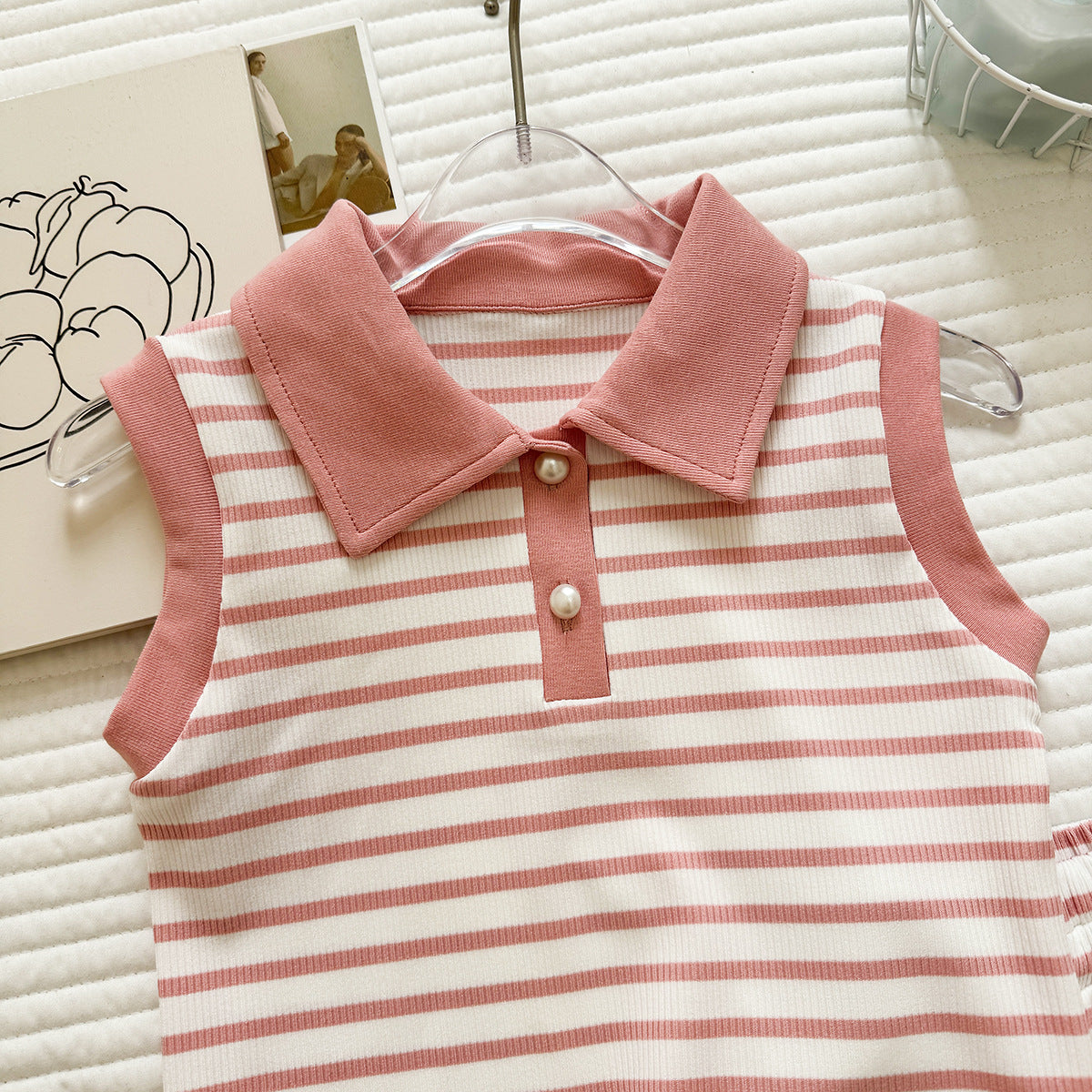 Children's Summer Striped Lapel Vest T-shirt Sleeveless Short Skirt Two-piece Children's Suit