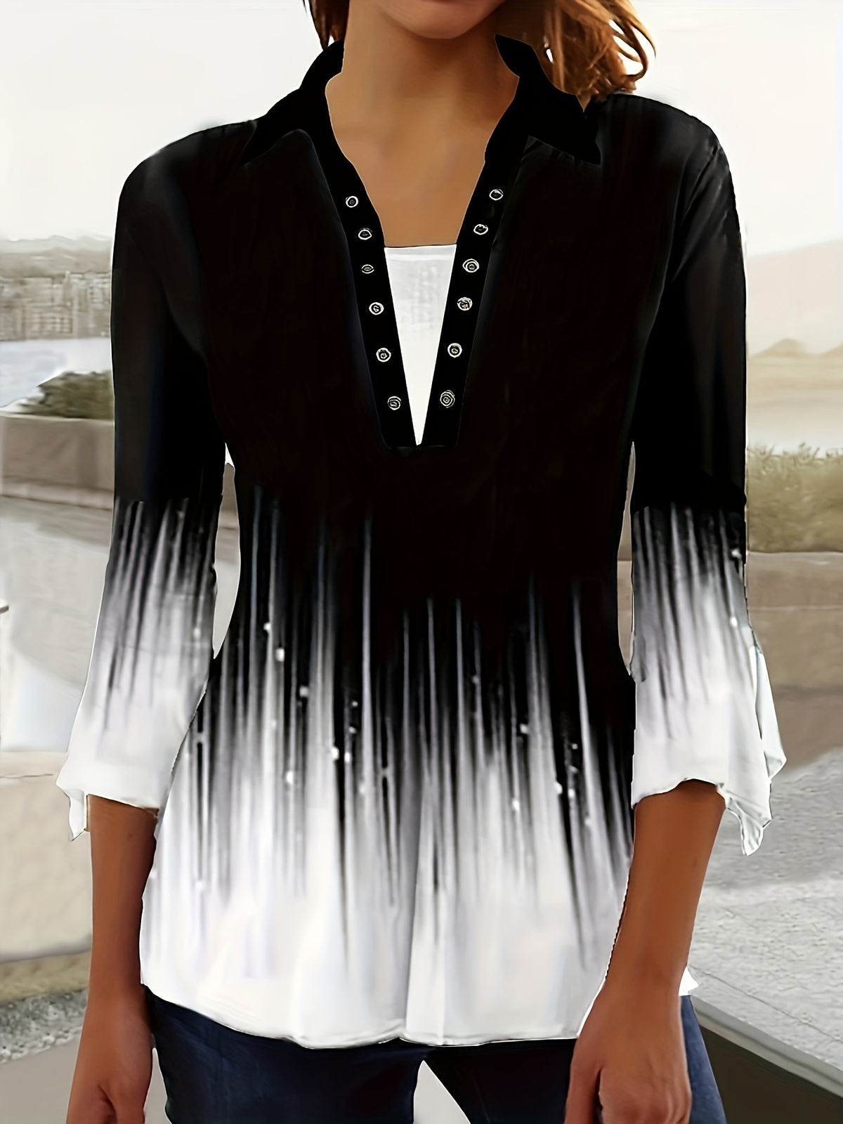 Autumn Print Polo Collar Irregular Sleeve Women's T-shirt