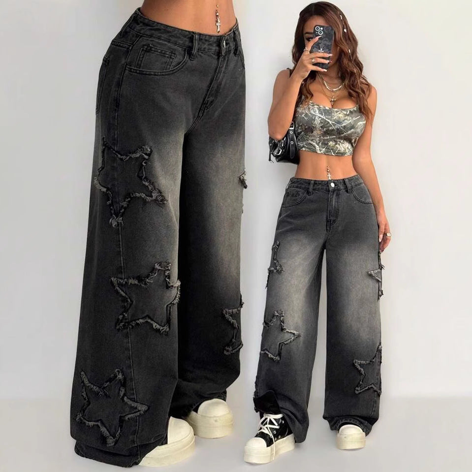 Women's High Street Fashion Fried Pentagram Embroidered Elastic Waist Loose Jeans