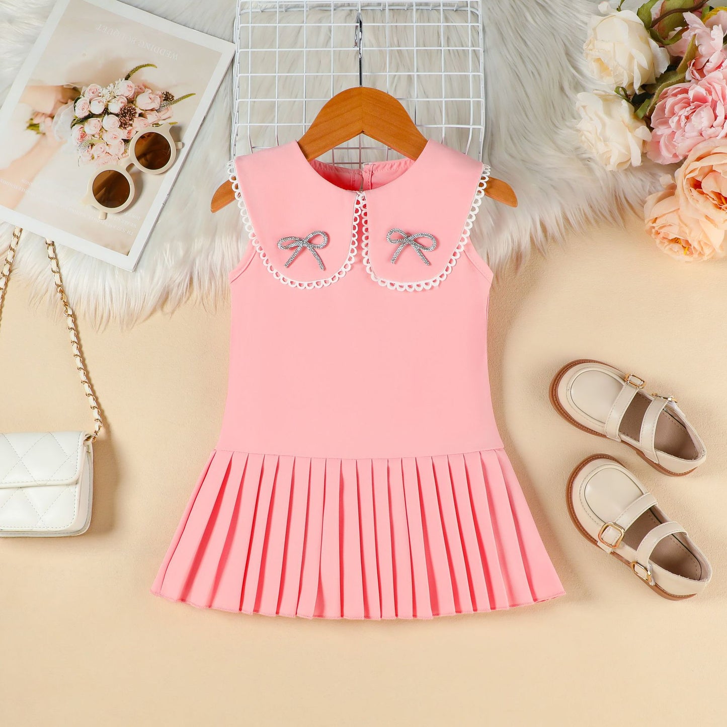 Summer Fashionable Collar Bow Diamond Sleeveless Pleated Skirt Sweet Children's Dress