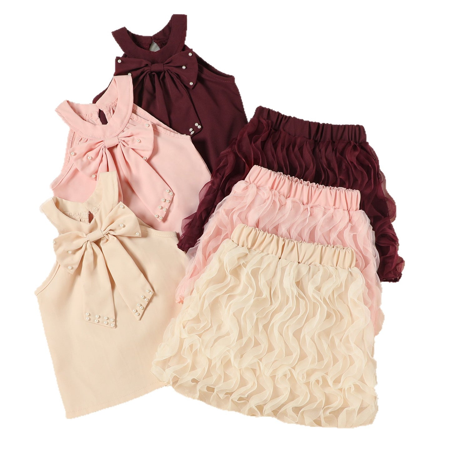 Children's Summer Beaded Bowknot Vest Top Mesh Children's Suit