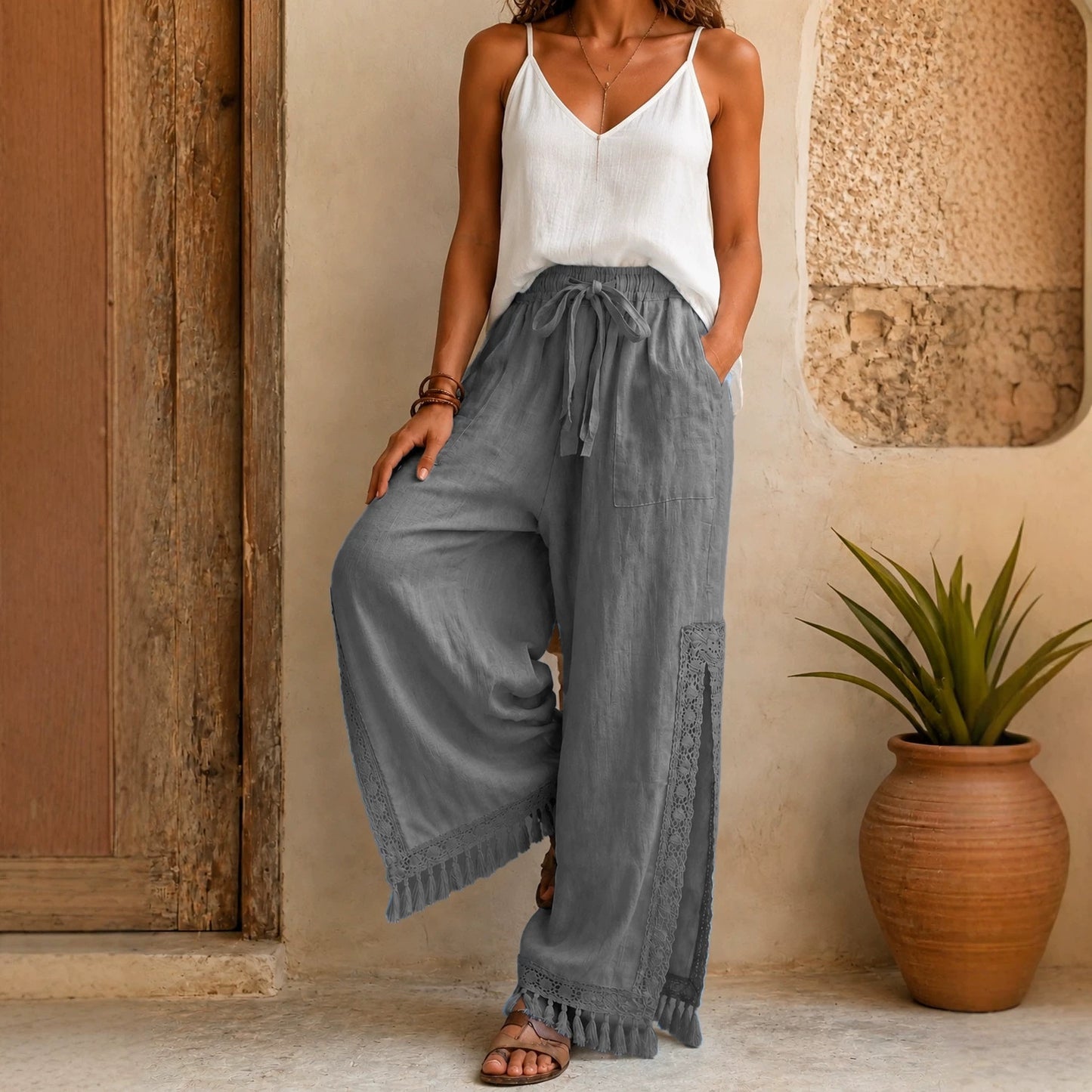 Women's Side Slit Lace Tassel Bohemian Vacation Style Pants