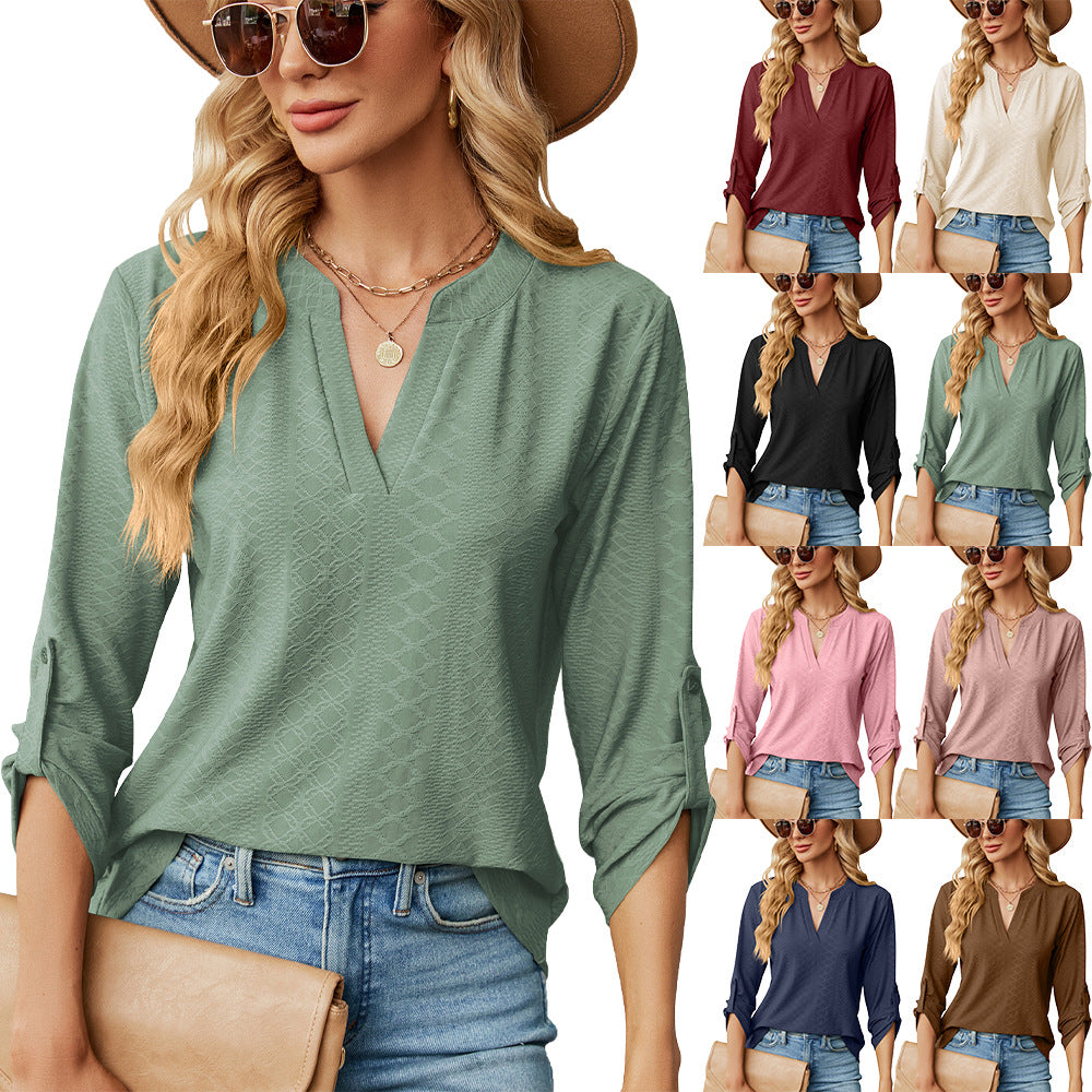 Women's Solid Color Three-quarter Sleeve Button Loose-fitting Tops