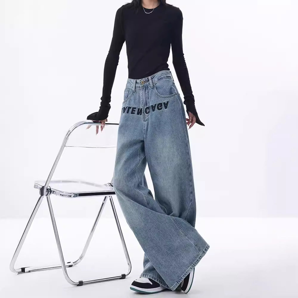 Women's Blue Embroidered Design Loose Mopping Floor Women's Jeans