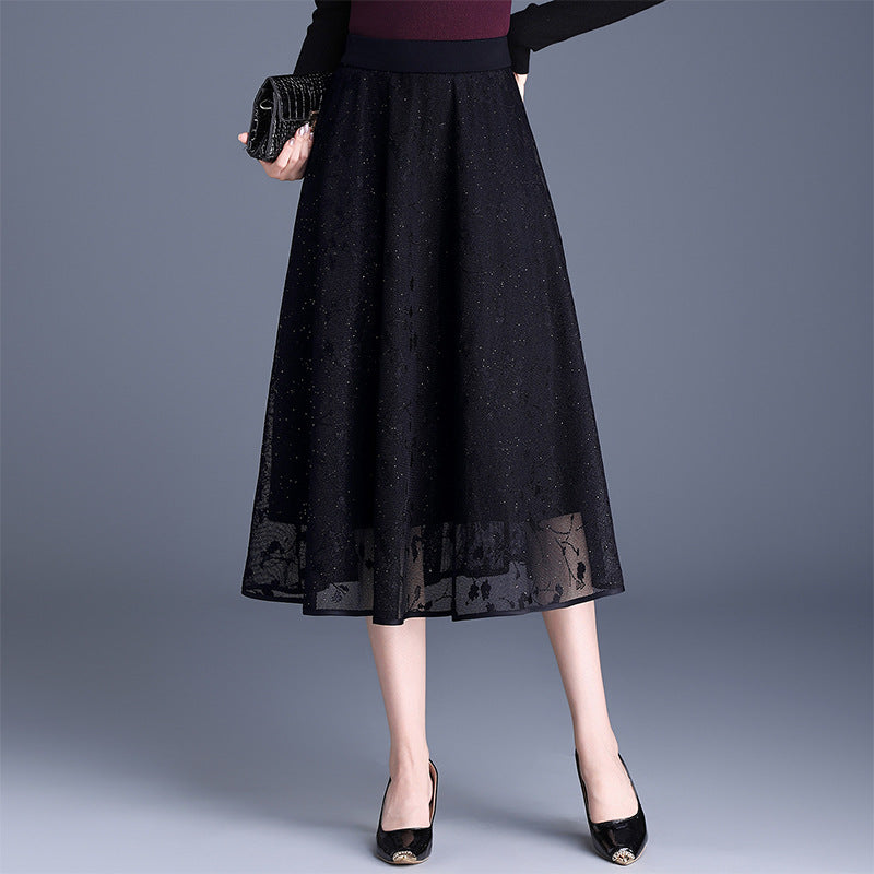 Women's Tulle High Waist Pleated Black Slimming A- Line Skirt