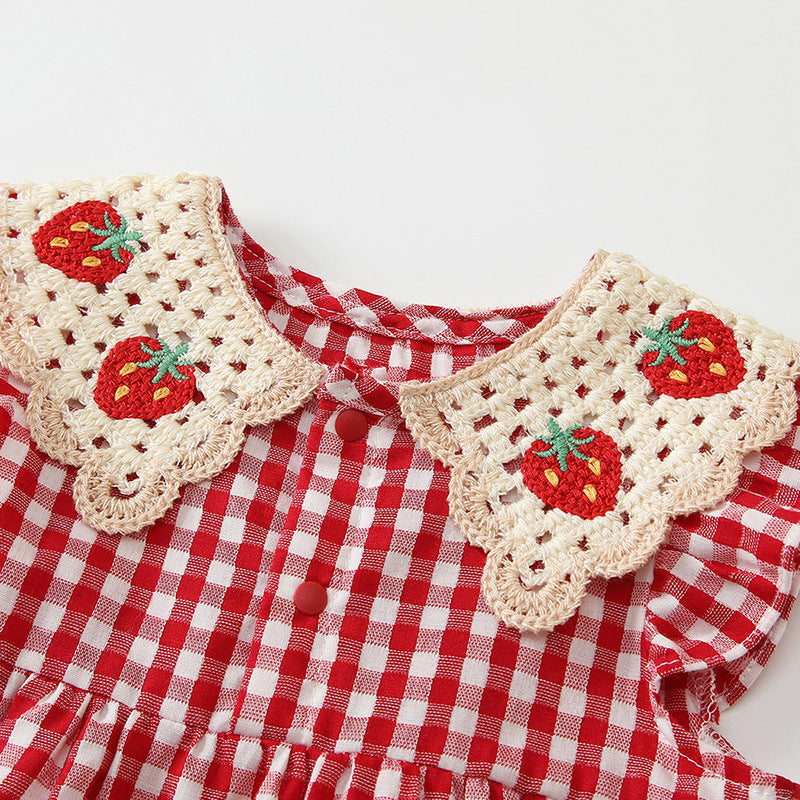 Children's Autumn Plaid Korean Style Sleeveless Strawberry Lace Children's Dress
