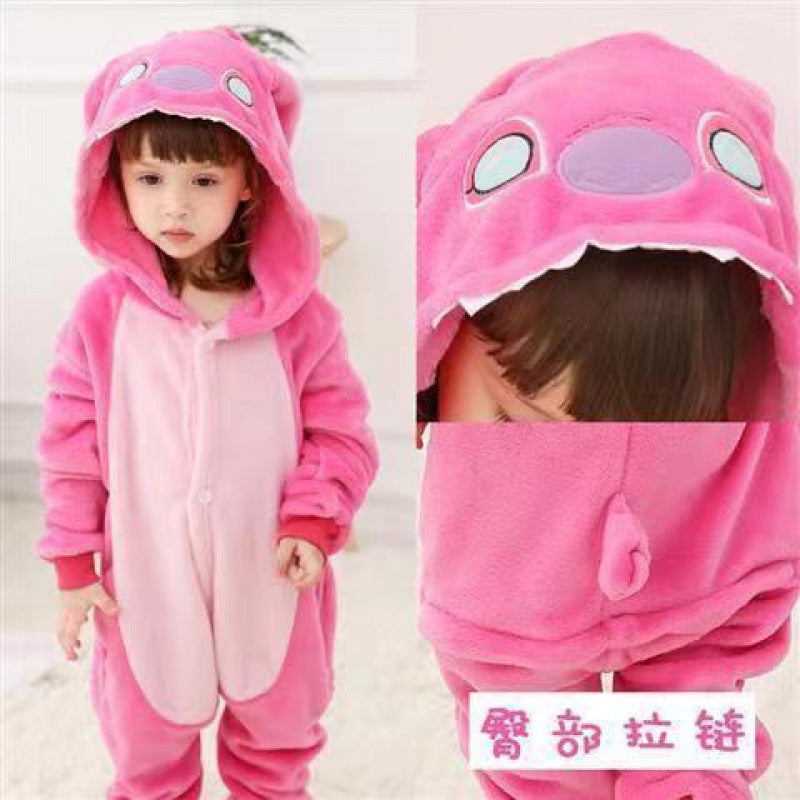 Children's Black Cat Leopard Print Flannel Cartoon One-piece Pajama Jumpsuit, Climbing Suit