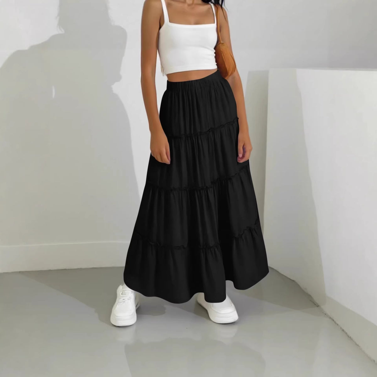 Women's Pleated Long A- Line Double Rounds Lined Skirt