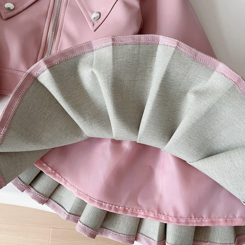 Children's Autumn Leather Little Korean Fashion Motorcycle Clothing Coat Pleated Skirt Children's Suit