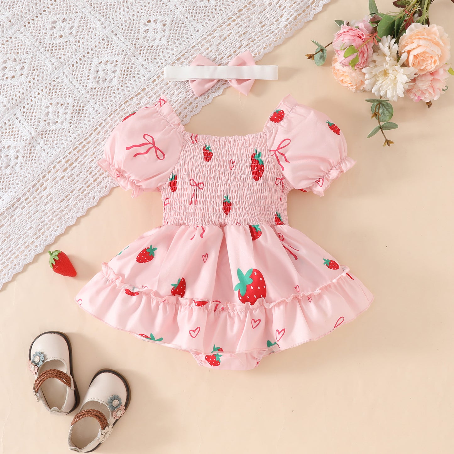 Pink Smocking Craft Short Sleeve Triangle Gown Bow Printed Square Jumpsuit, Climbing Suit