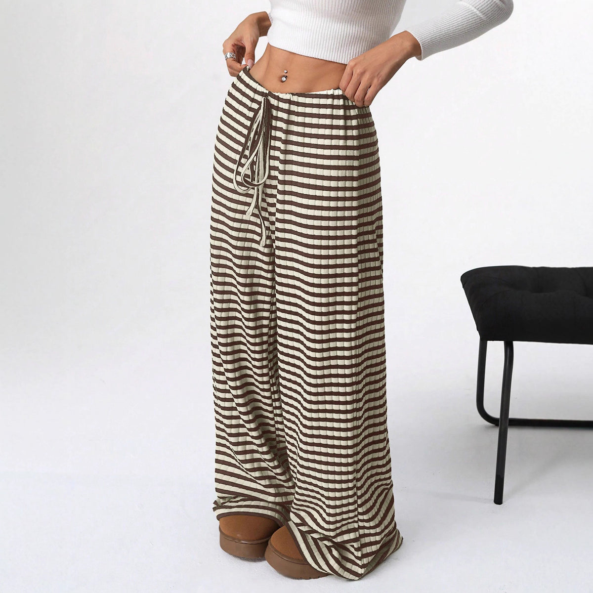Women's Striped Solid Color Rubber Band Drawstring Casual Pants