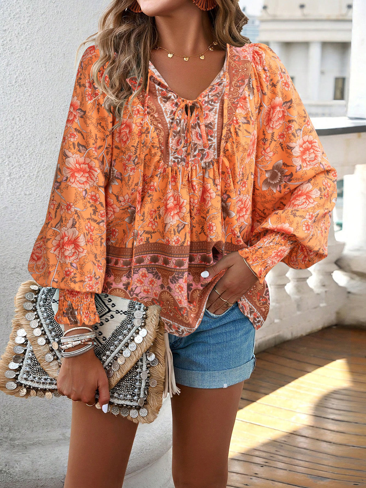 Women's Bohemian Vacation Style Printed Long Sleeve Blouse