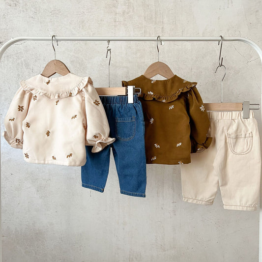 Style Spring Corduroy Embroidered Lapel Shirt Jeans Pure Cotton Loose Children's Suit