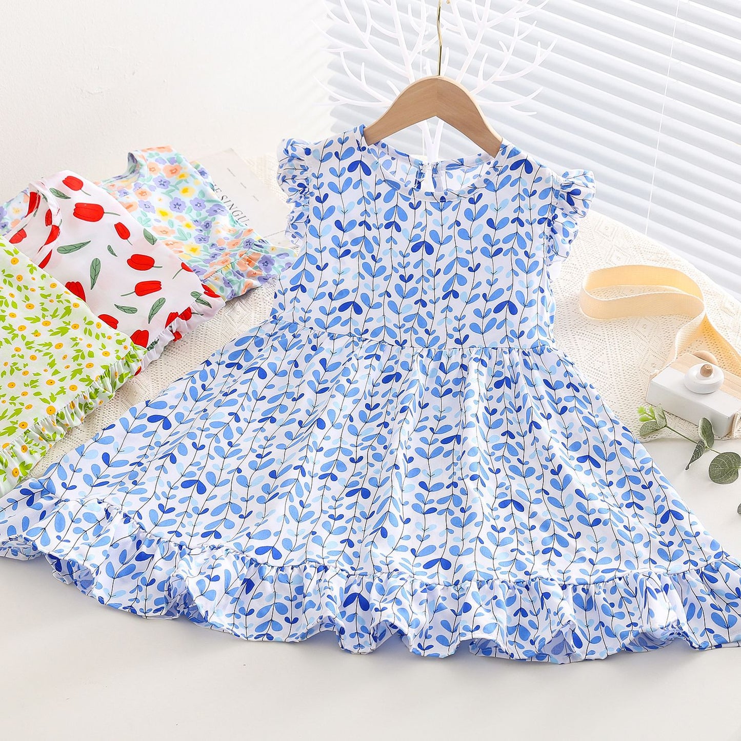 Sweet Little Flounced Sleeve Cotton Silk Summer Thin Cool Rayon Children's Dress