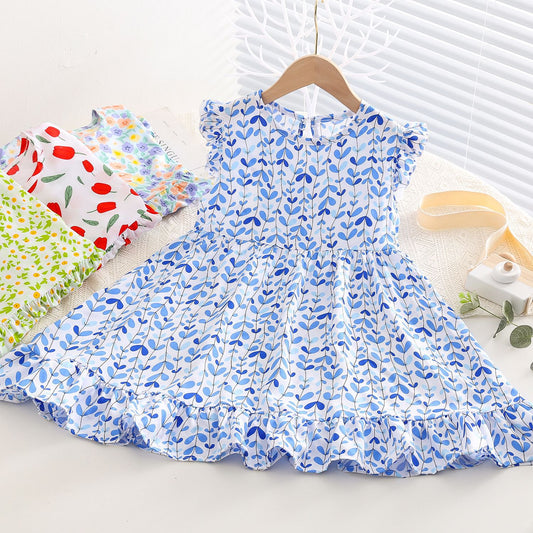 Sweet Little Flounced Sleeve Cotton Silk Summer Thin Cool Rayon Children's Dress