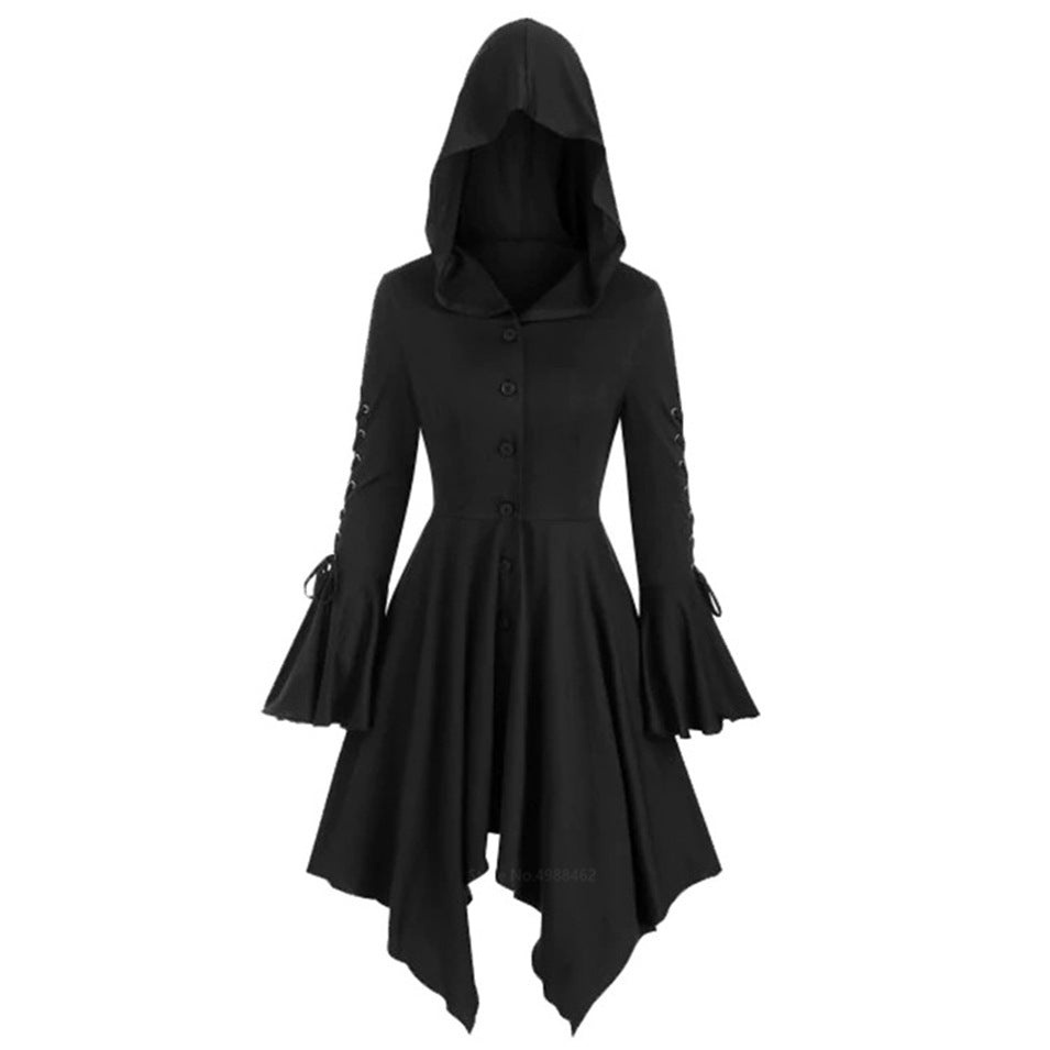 Women's Gothic Hooded Cape Irregular Hem Lotus Skirt