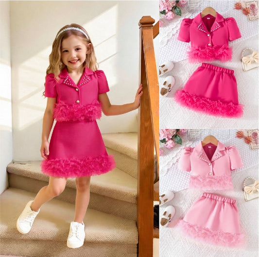 Summer Solid Color Collar Beaded Top Mesh Lace Children's Suit