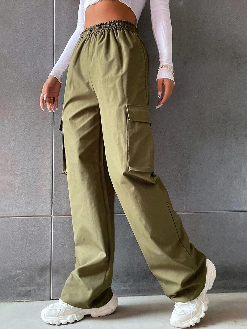 Women's Solid Color High Waist Flip Pocket Casual Pants