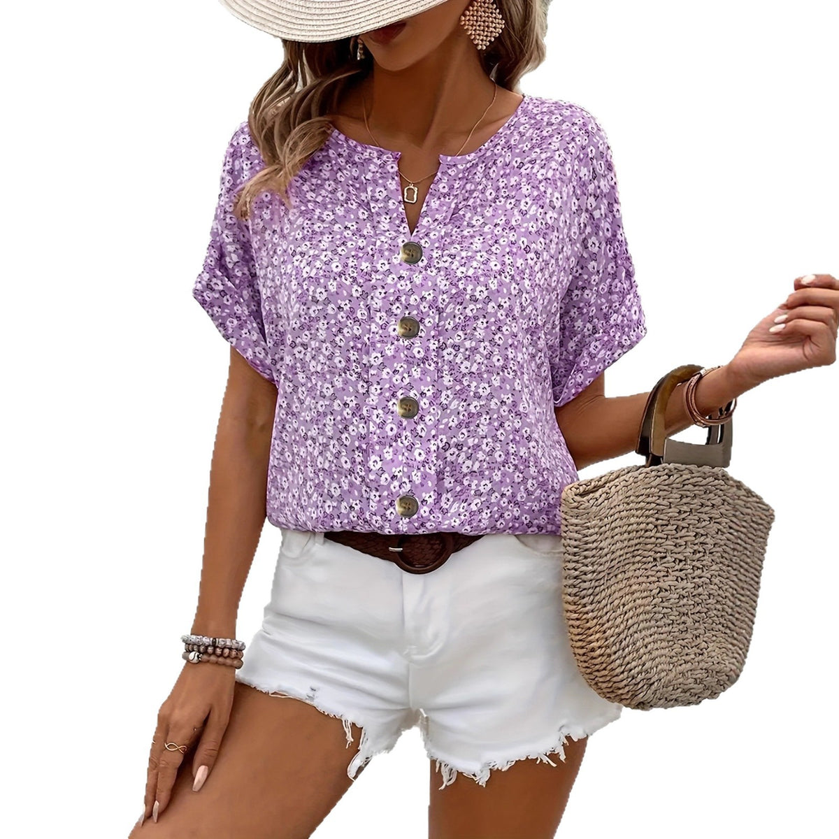 Autumn Elegant Floral Button Mark Sleeve Large Size T-shirt