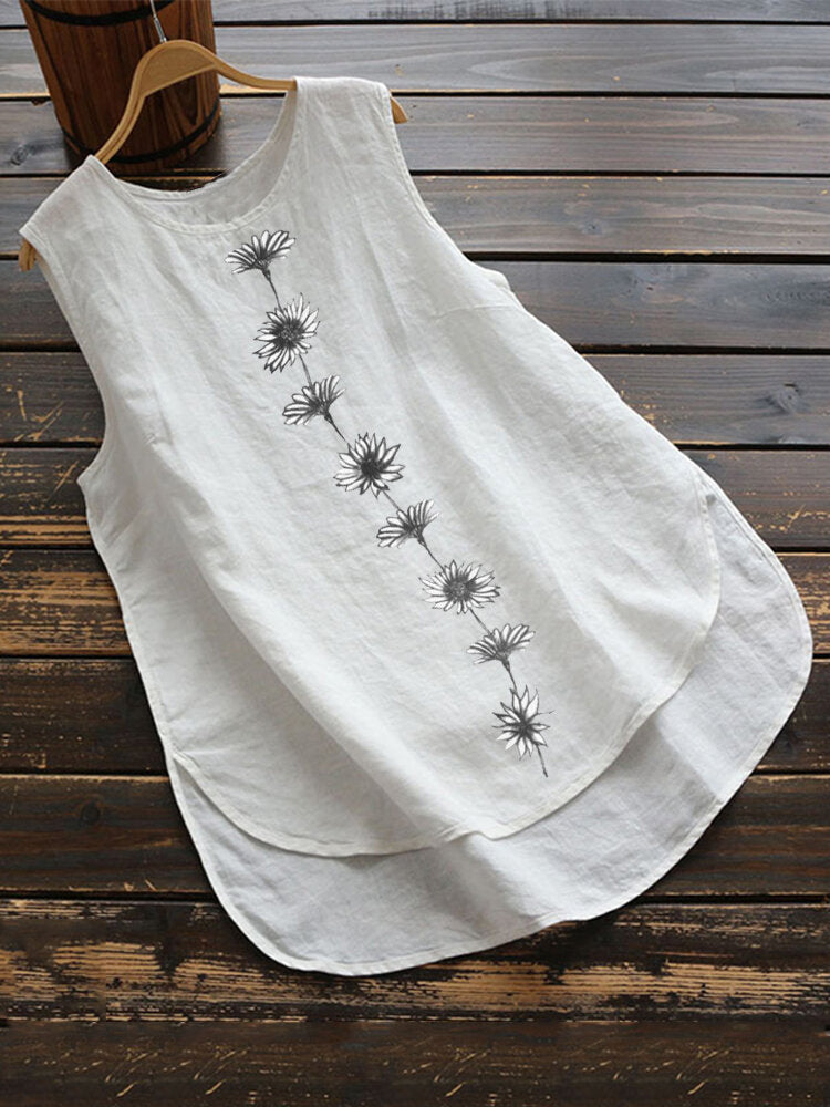 Women's Summer Daisy Print Sleeveless Round Neck Cotton Linen Small Vest/suspenders/tube Top