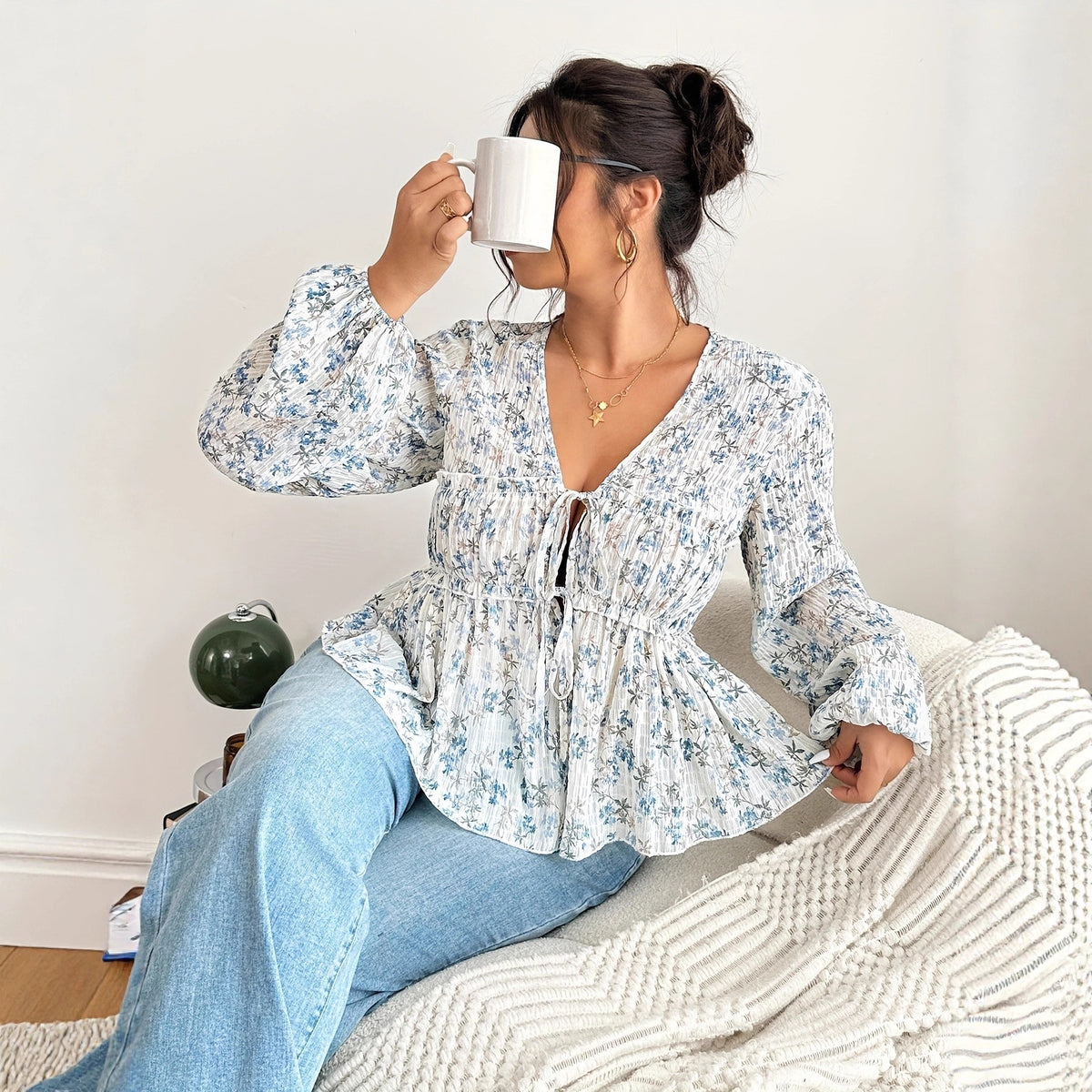 Floral Collar Long Sleeve Pleated Elastic Waist Casual Word With Tops