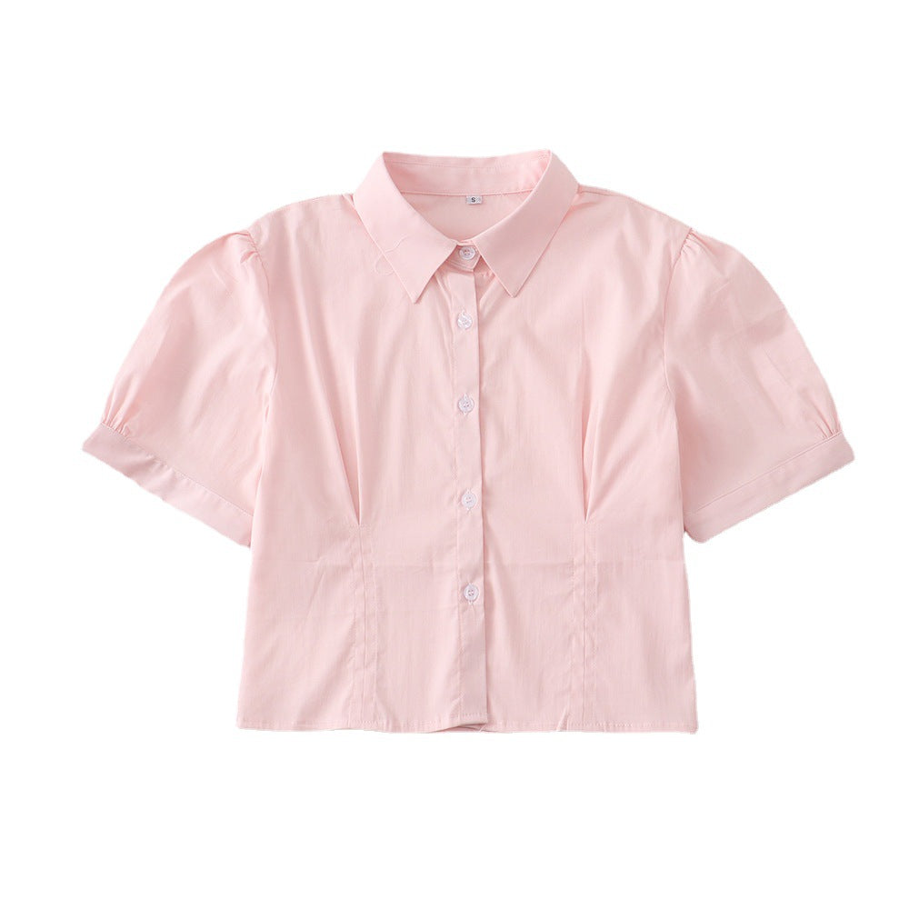 Women's Korean Elastic Puff Sleeve Pink Waist Trimming Shirt Hip Blouse