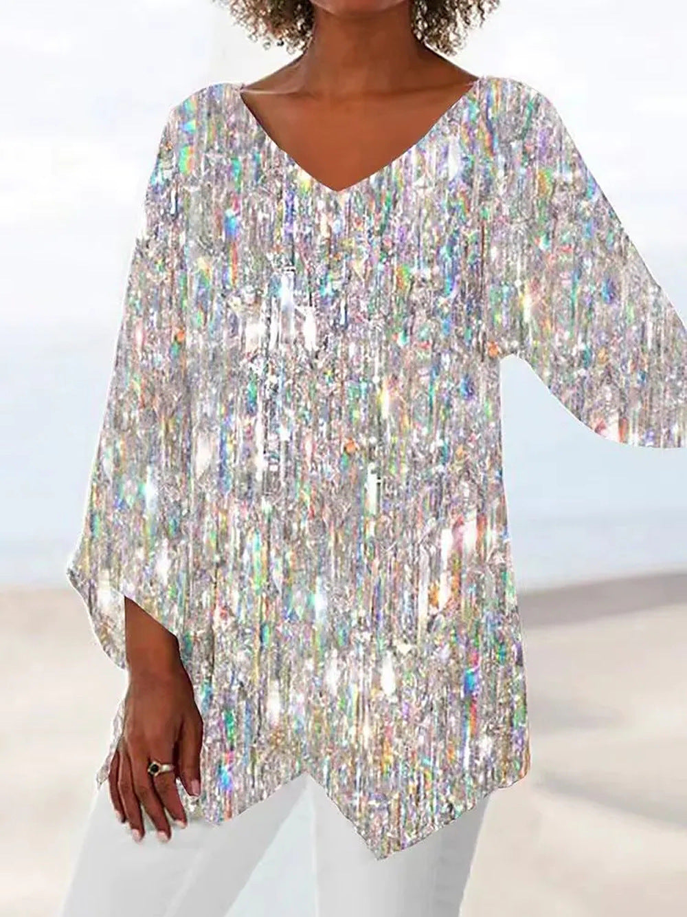 Women's Leisure Loose Irregular Printed Long Sleeve Tops