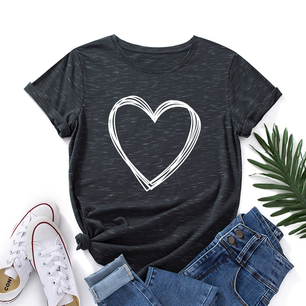 Women's Creative Heart Printed Loose Round Neck Women's T-shirt