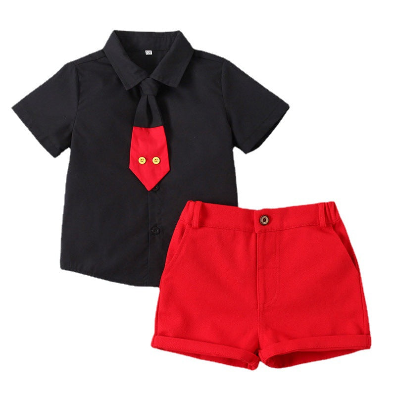 Children's Summer Clothing Korean Handsome Tie Solid Color Children's Suit