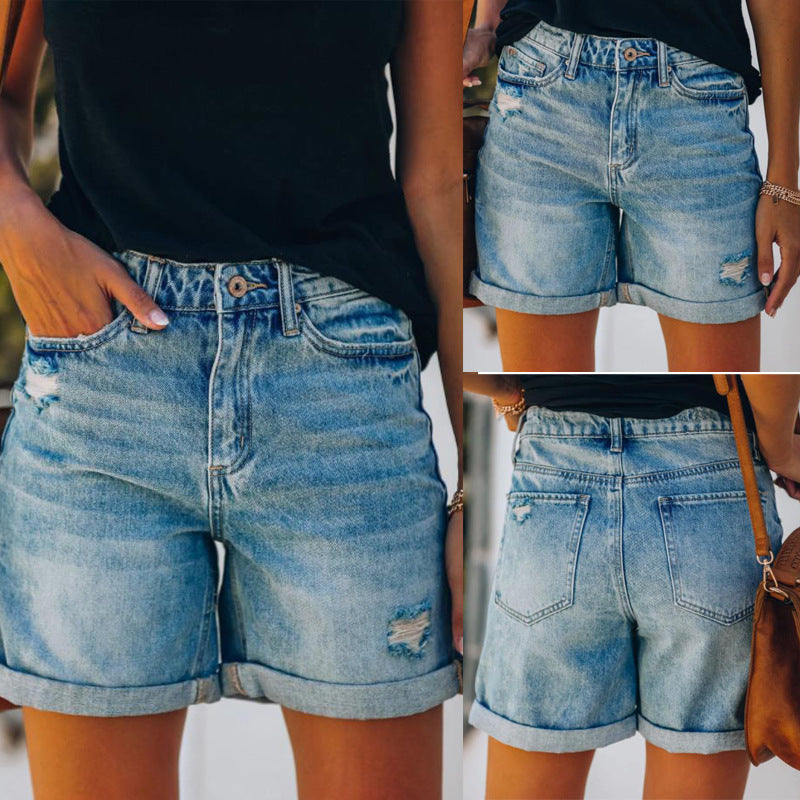 Women's Trade Temperament Leisure Ripped Curling Cropped Shorts