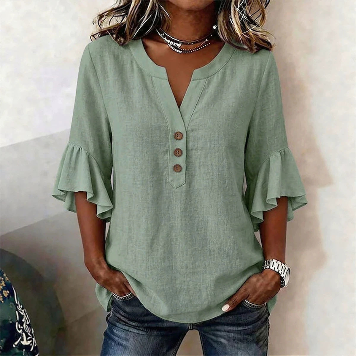Women's Cotton Linen French Style Gentle Bell Sleeve Loose Casual Shirt Blouse