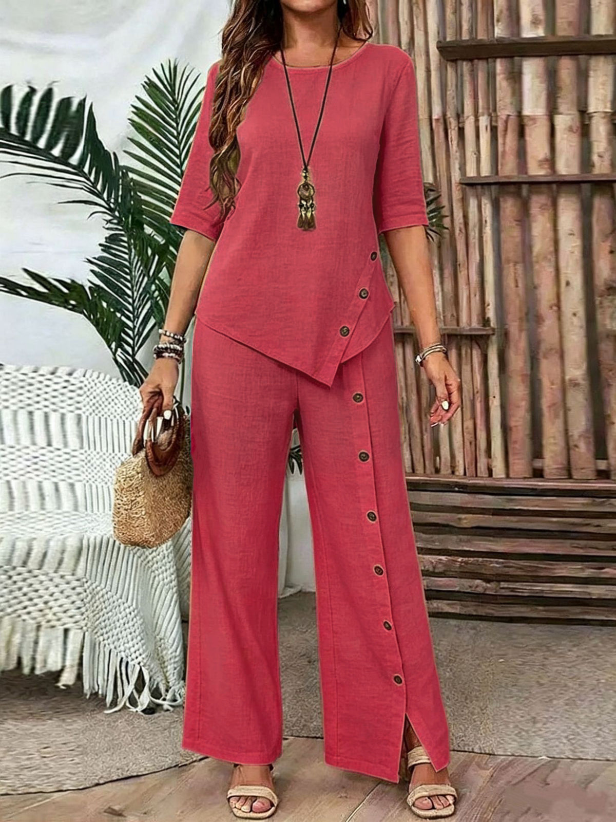 Women's Irregular Hem Trousers Button Half Sleeve Suits