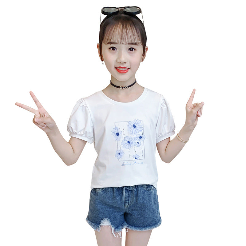 Children's Summer Clothes Western Style Puff Sleeve Top Medium Big Cotton Children's T-shirt