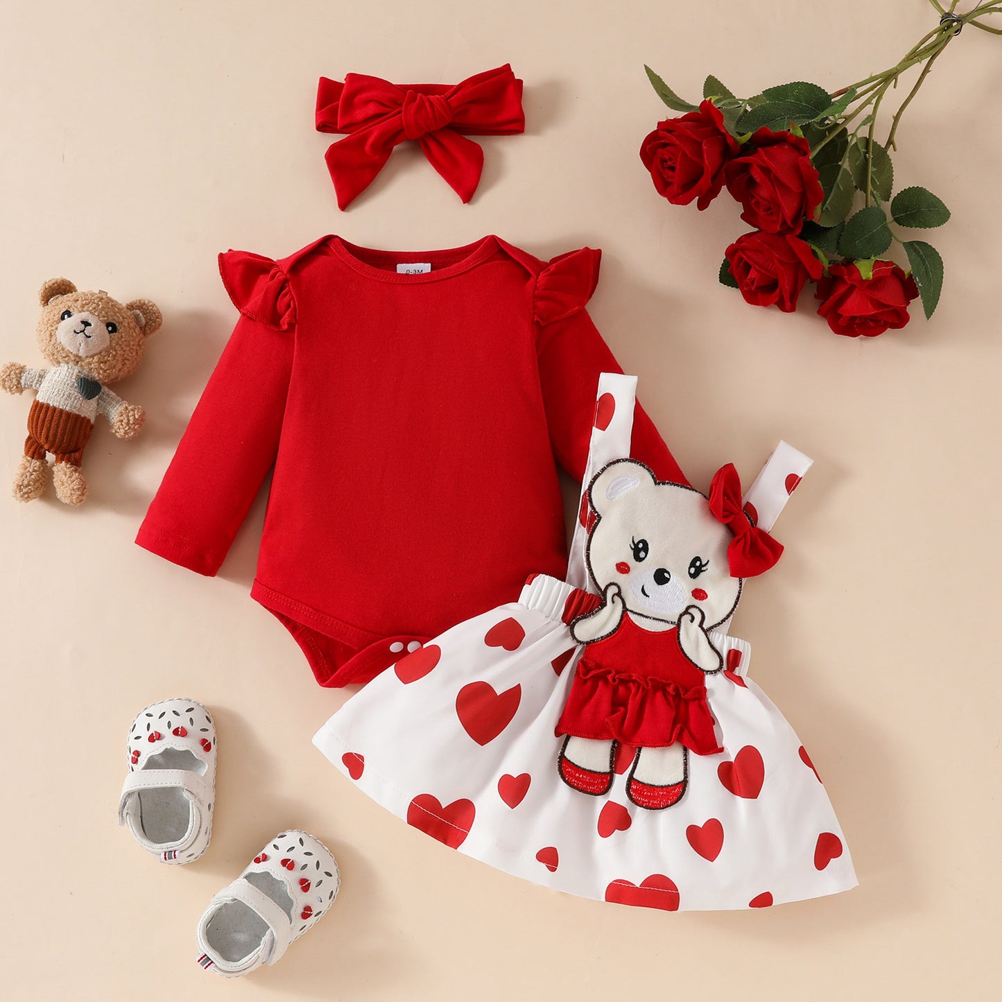 Cute Cartoon Bear Love Solid Color Short Sleeve Top Suspender Children's Suit