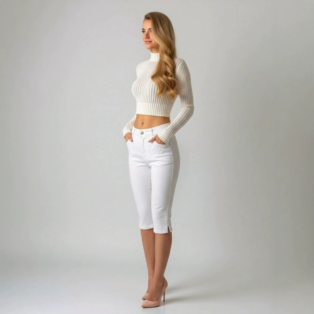 Charming Beautiful Women's Cropped Slimming White Jeans